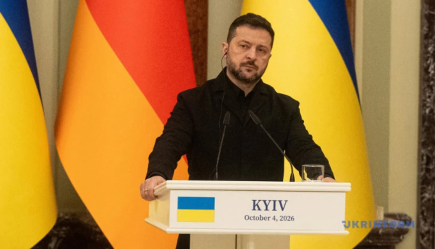 Президент Зеленський та канцлер Німеччини Фрідріх Мерц під час спільного спілкування з пресою в Києві